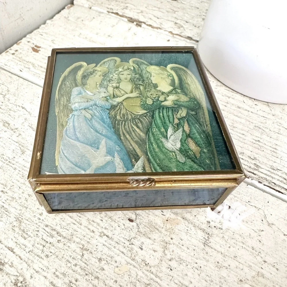 3/$22🩶 Vintage Angels Via Vermont Glass Brass Trinket Jewelry Box Mirror